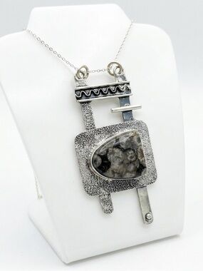 New 925 Sterling Silver Turritella Agate Coral Fossil Artisan Geometric Necklace